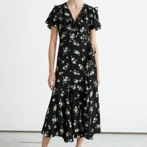 & Other Stories Floral Asymmetric Ruffle Wrap Midi Dress - Black Florals